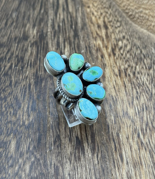 Navajo Handmade Sterling Silver Sonoran Gold Turquoise Half Cluster Ring Size 8