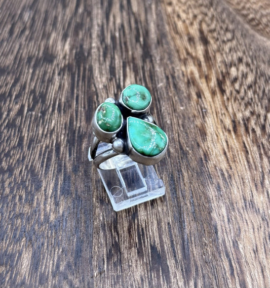 Navajo Handmade Sterling Silver Sonoran Gold Turquoise Cluster Ring Size 9