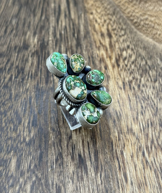 Navajo Handmade Sterling Silver Sonoran Gold Turquoise Half Cluster Ring Size 8