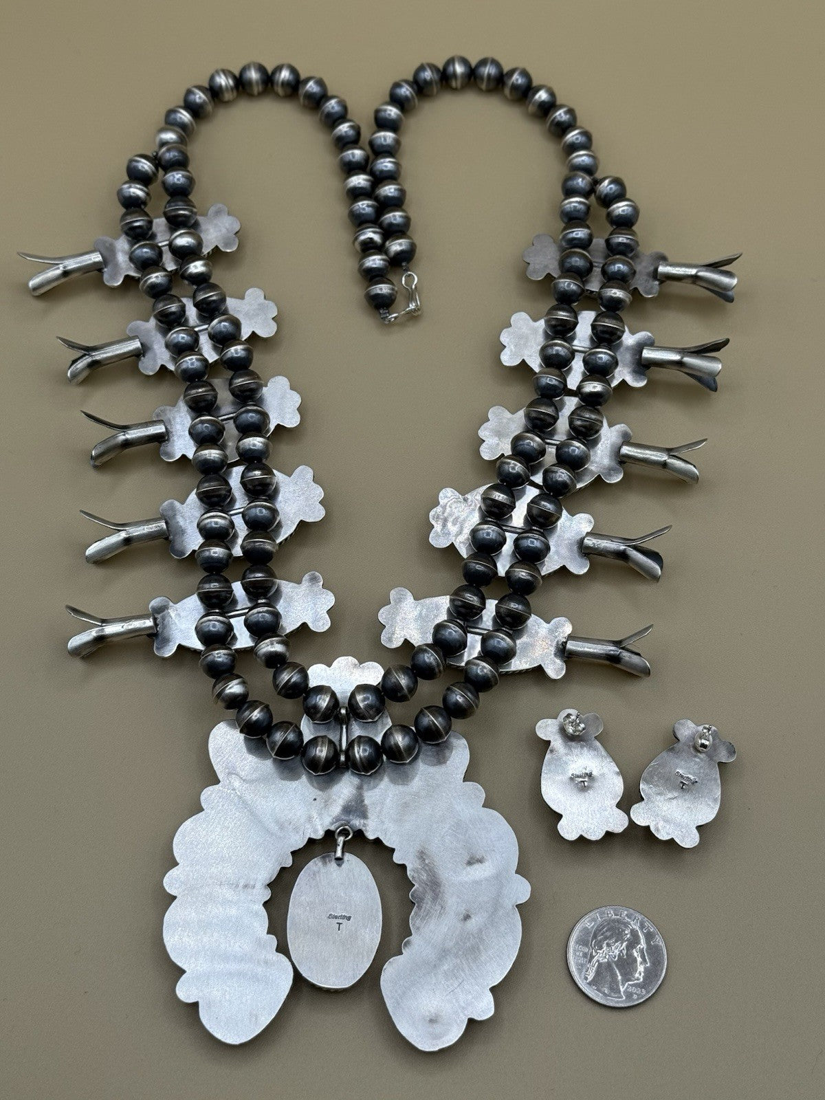 Navajo Handmade Sterling Silver Blue Ridge Turquoise Squash Blossom Necklace