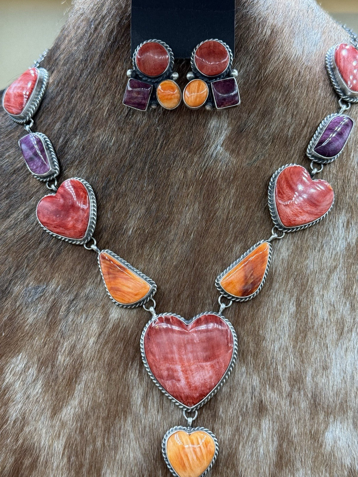 Navajo Handmade Sterling Silver Multi Spiny Oyster Shell Cluster Lariat Necklace