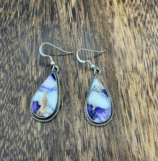 Navajo Handmade Sterling Silver Violet Rose Dahlia Dangle Drop Earrings Byron B.