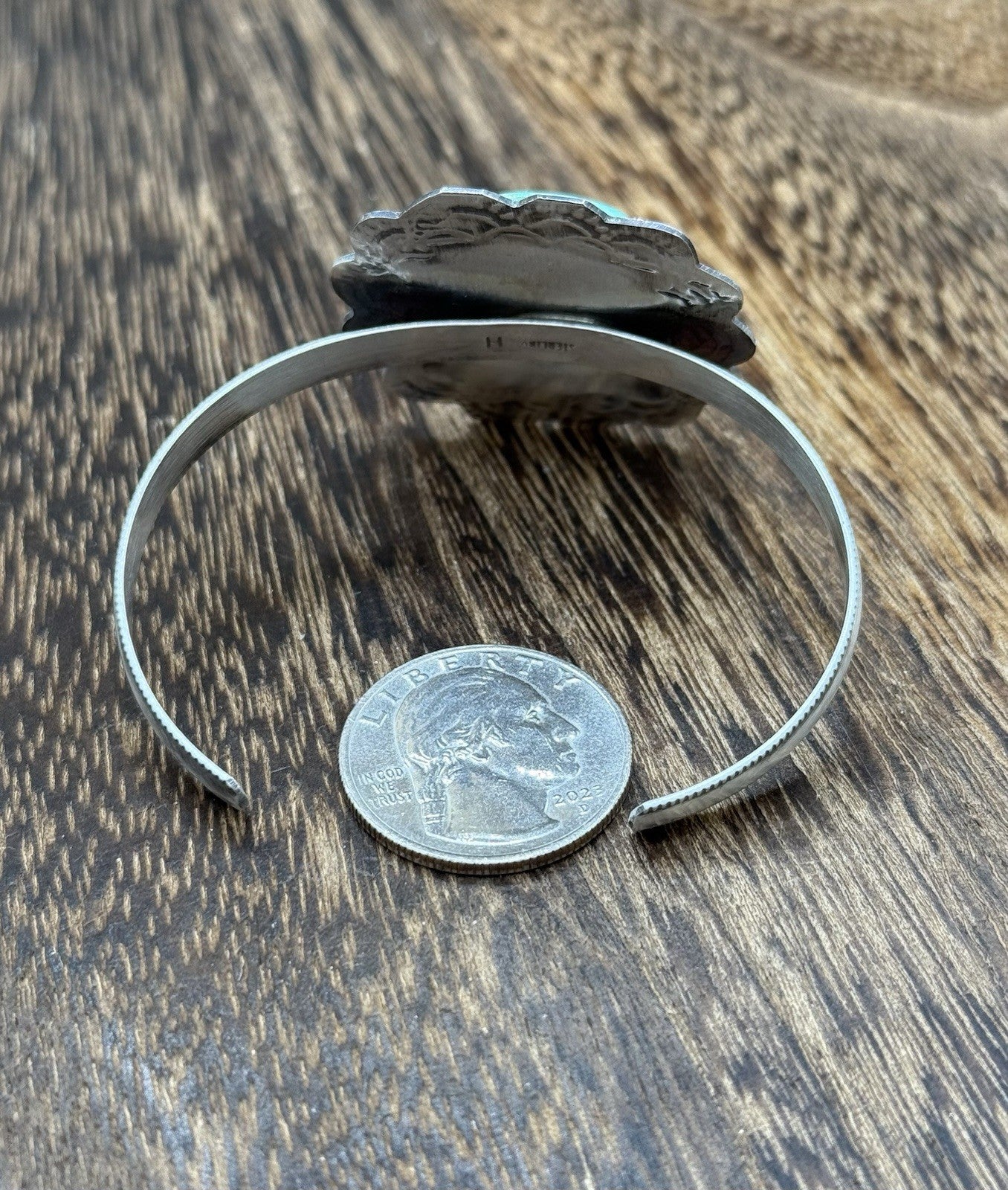 Native Navajo Handmade Sterling Silver Kingman Turquoise Cuff Stamped Bracelet