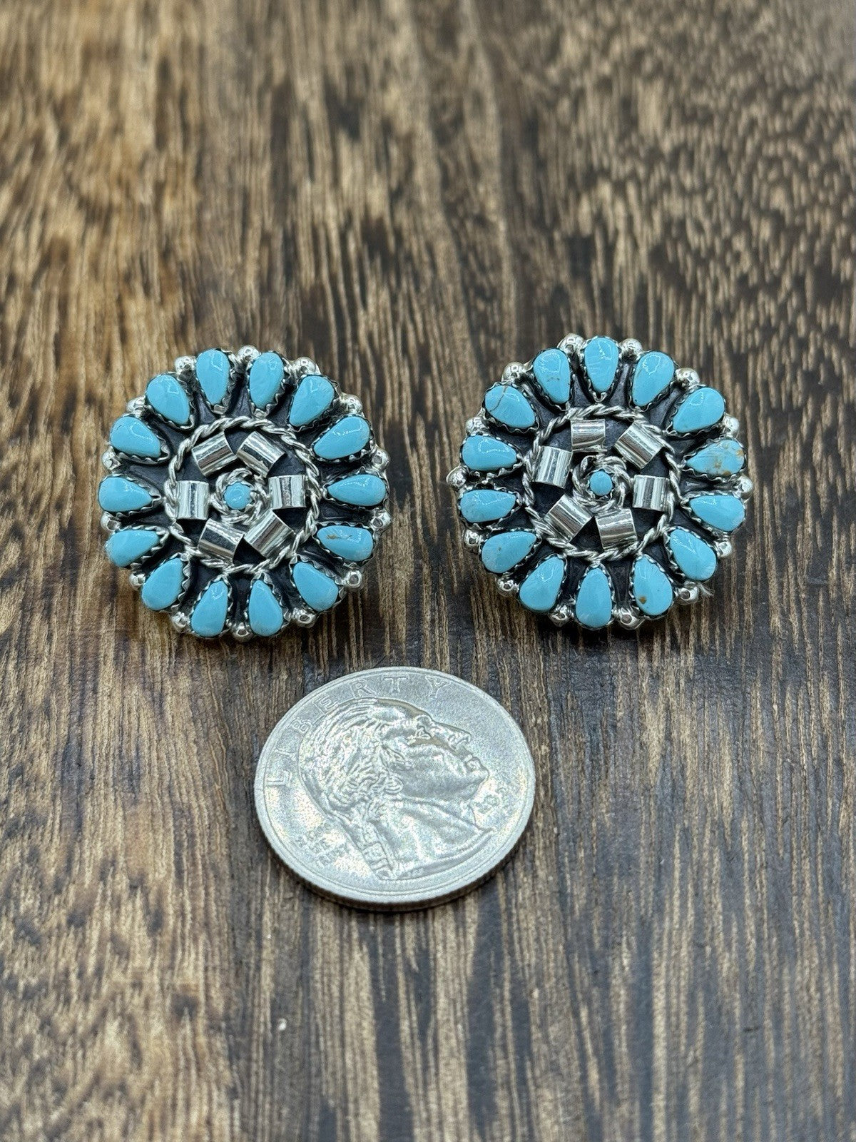 Native American Navajo Handmade Sterling Silver Turquoise Cluster Post earrings