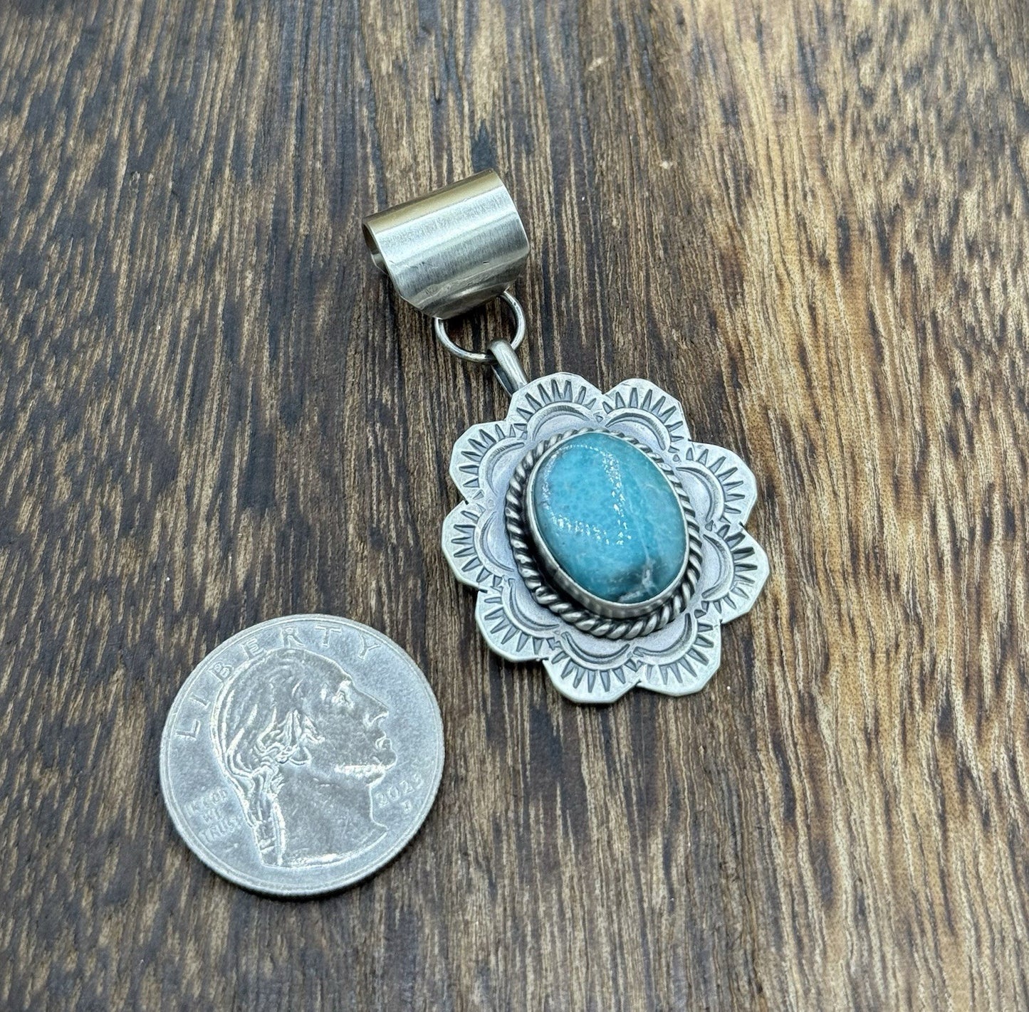 Navajo Handmade Sterling Silver Blue Bird Turquoise Stamped Design Drop Pendant