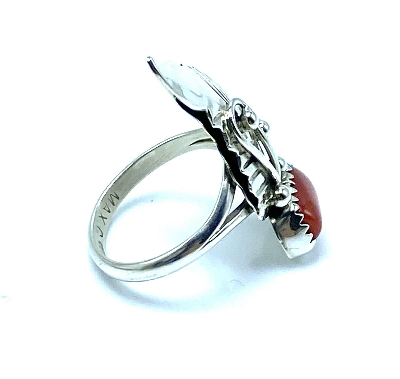 Native American Sterling Silver Navajo Handmade Red Coral Feather Ring Size 5.5