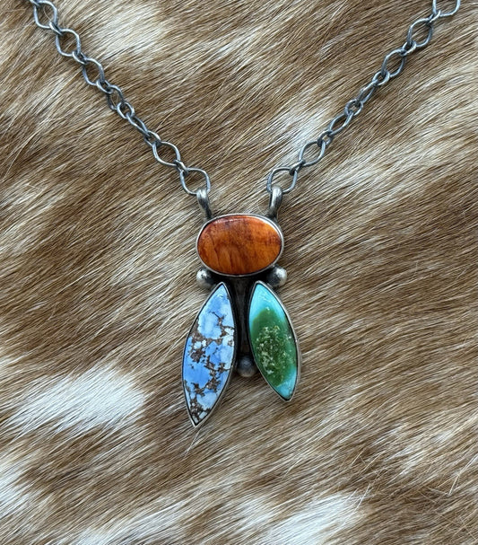 Navajo Handmade Sterling Silver Multi stone Turquoise  Cluster Bar Necklace 18”