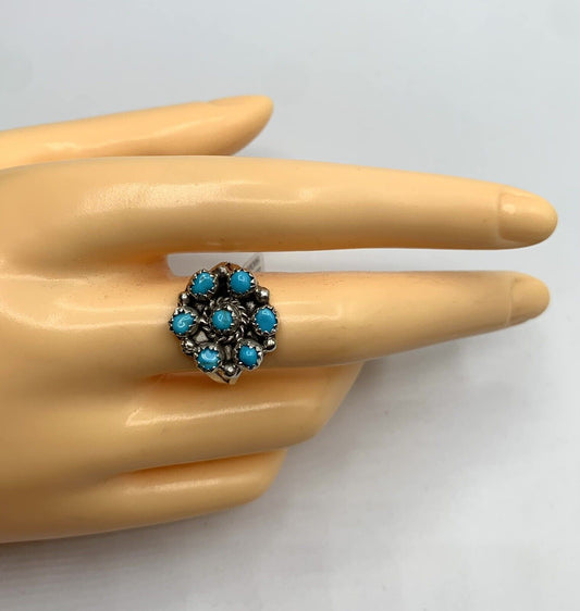 Native American Sterling Silver Navajo Handmade Turquoise Cluster Ring Size 6.5