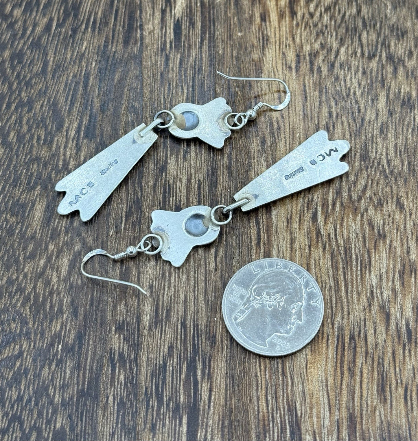 Navajo Handmade Sterling Silver Old Look Stamped Concho Design Dangle Earrings