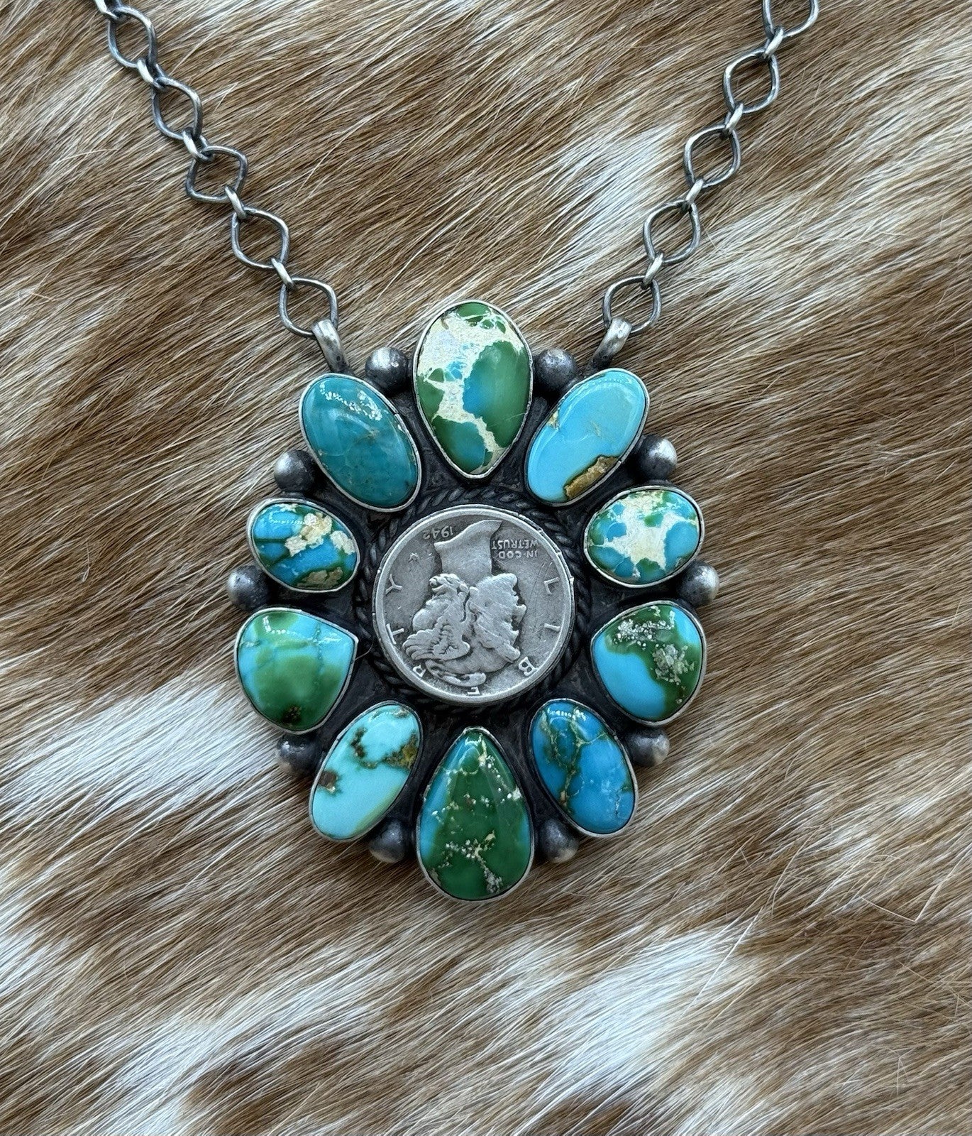 Navajo Handmade Silver Sonoran Gold Turquoise Liberty Coin Cluster Necklace 18”
