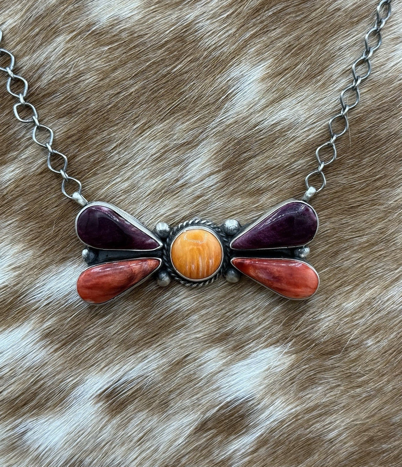 Navajo Handmade Sterling Silver Multi Stone Color Cluster Bar Necklace 18”