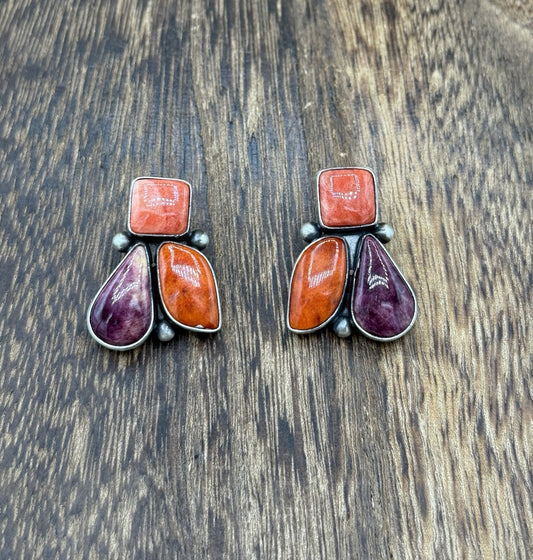 Navajo Handmade Sterling Silver Multi Color Spiny Oyster Shell Cluster Earrings