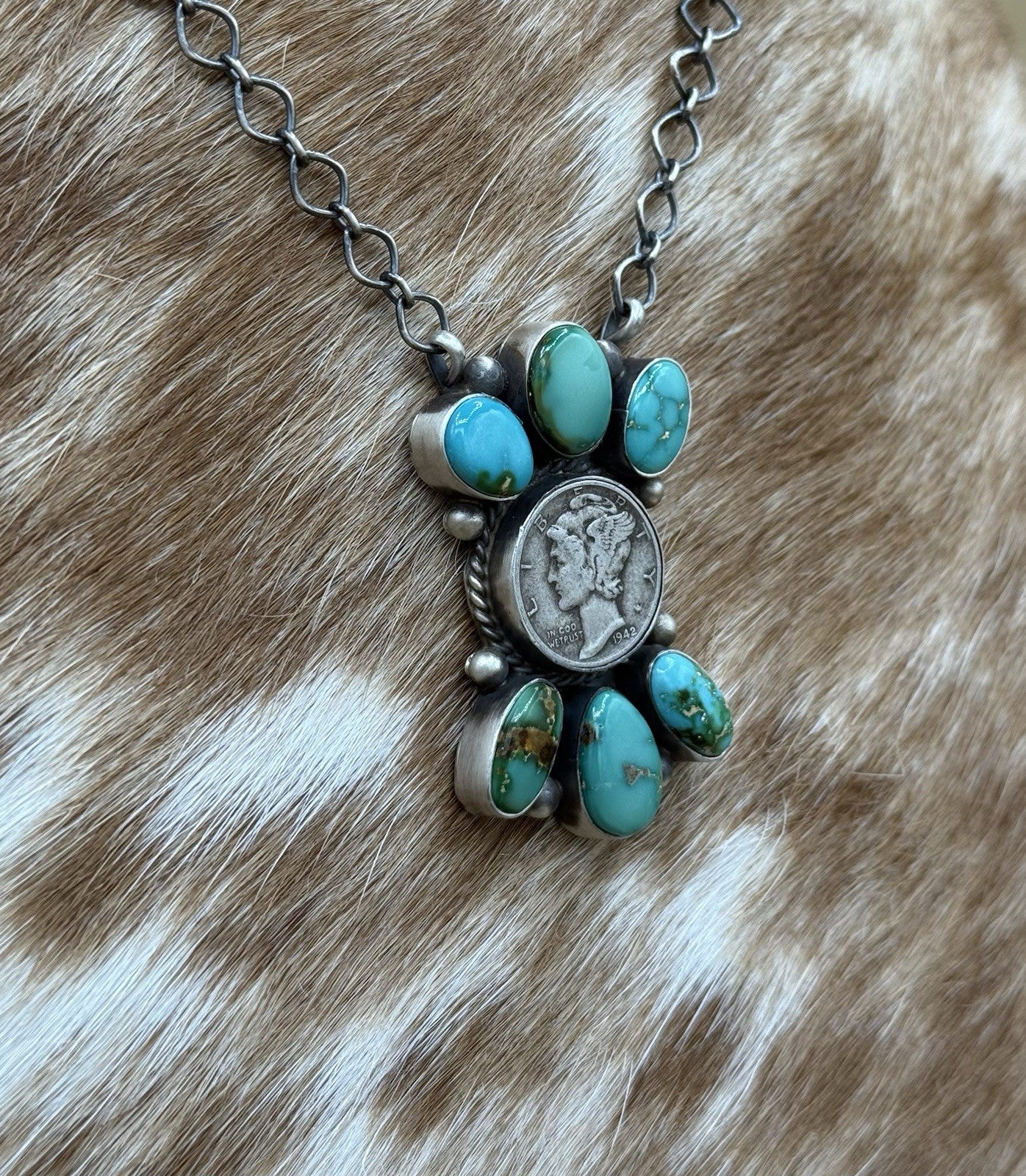 Navajo Handmade Silver Sonoran Gold Turquoise Liberty Coin Cluster Necklace 18”