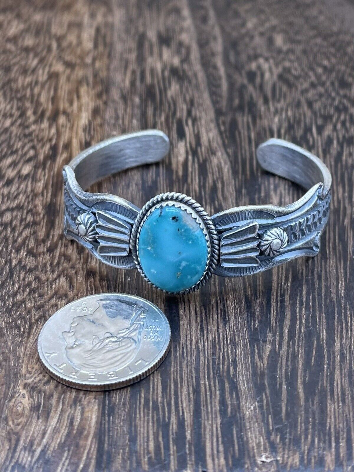 Native American Navajo Handmade Silver Kingman Turquoise Old look Bracelet