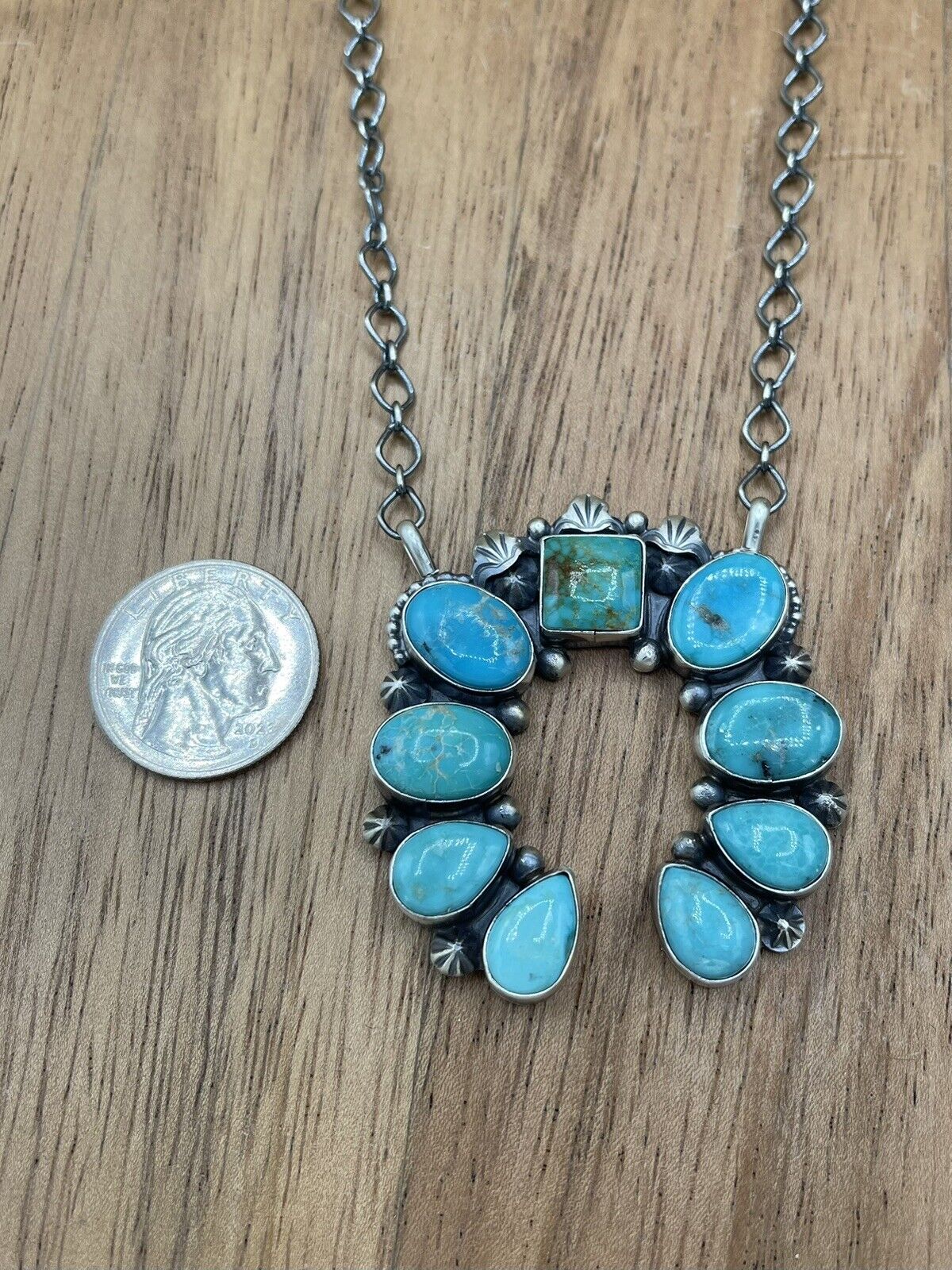 Native American Navajo Handmade Sterling Silver Turquoise  Naja Necklace 18 Inch