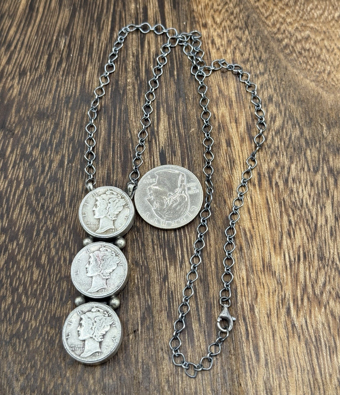 Navajo Handmade Sterling Silver Liberty Dime Cluster Bar Lariat Necklace 18”