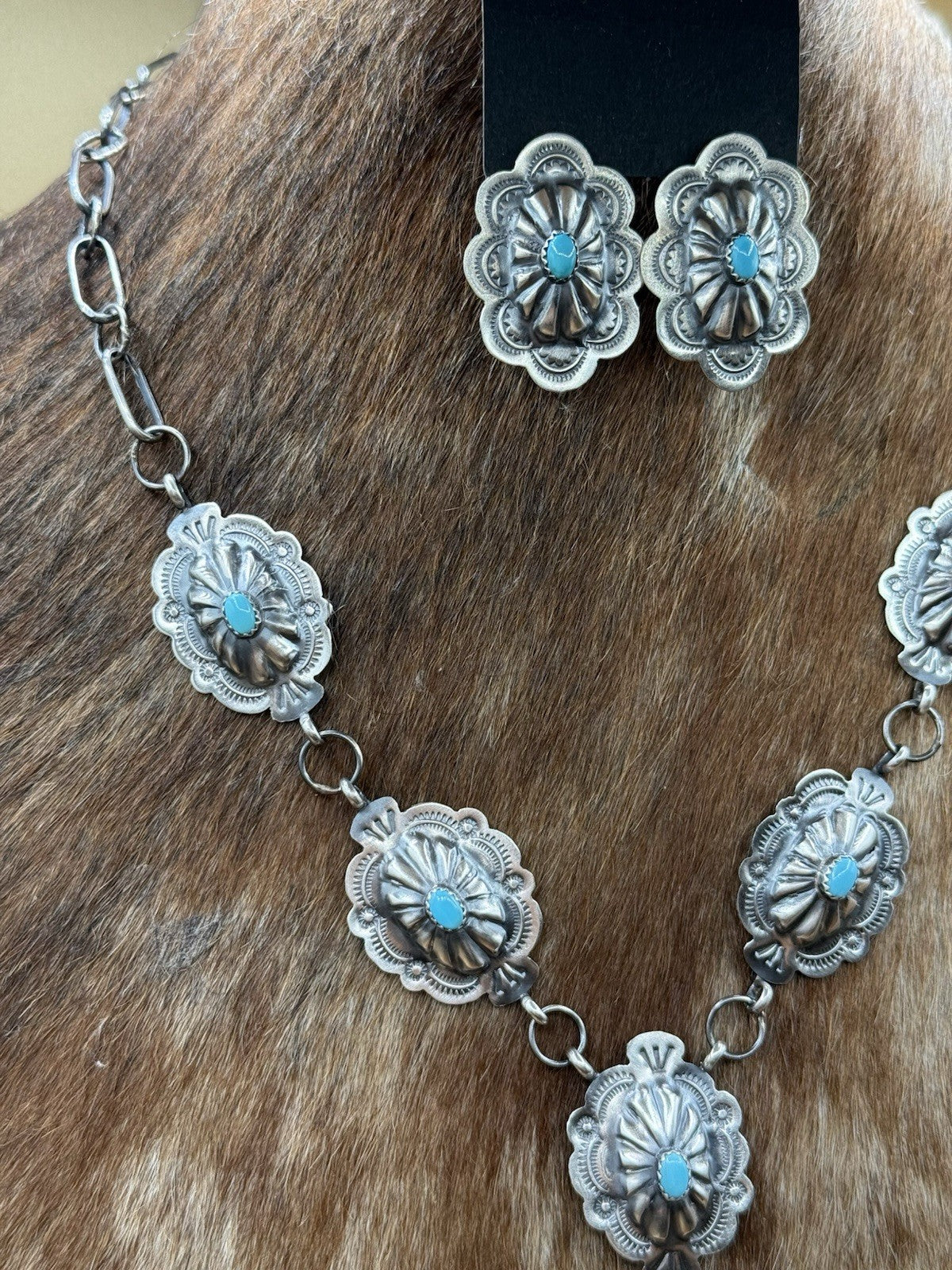 Navajo Handmade Sterling Silver Stamped Concho Turquoise Lariat Necklace Set 24”
