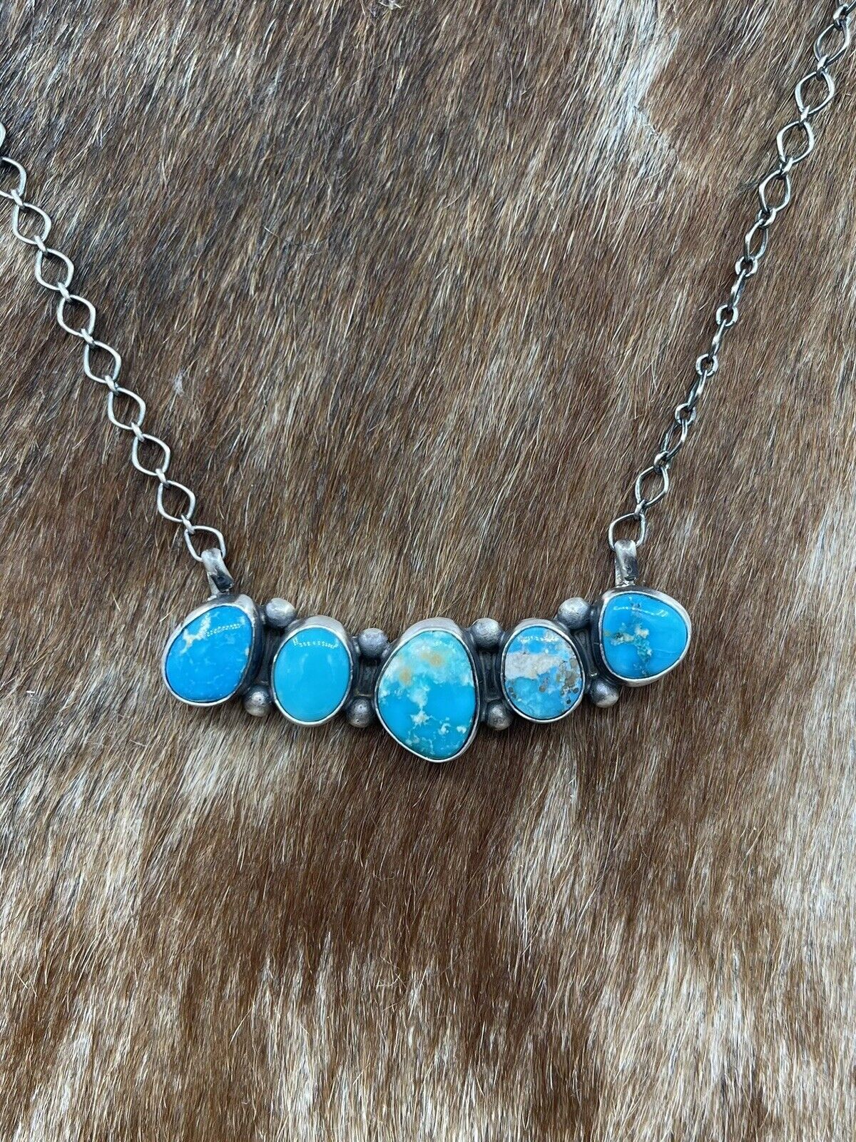 Native American Navajo Handmade Silver Sonoran Bella Turquoise Bar Necklace 18”