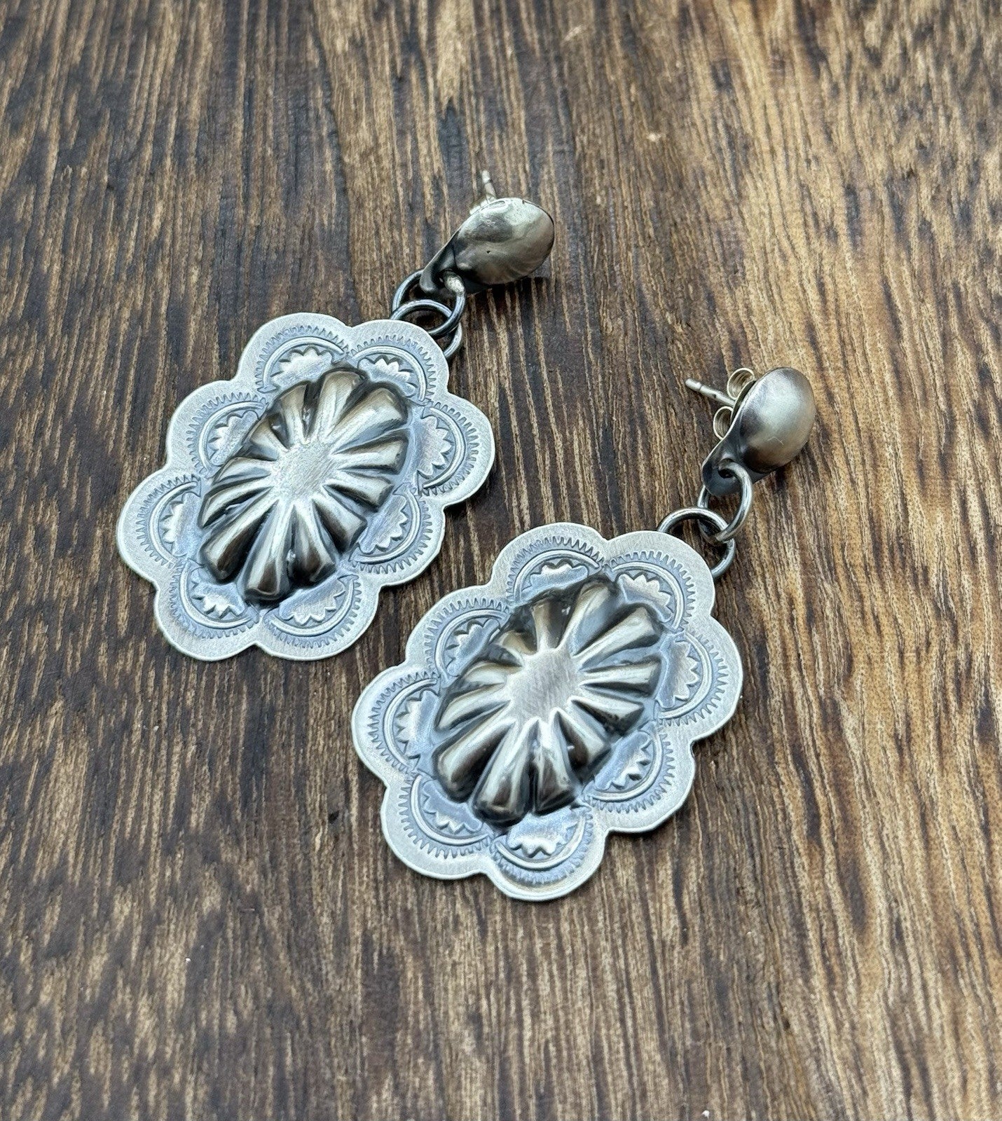 Navajo Handmade Sterling Silver Old Look Stamped Concho Design Post Earrings