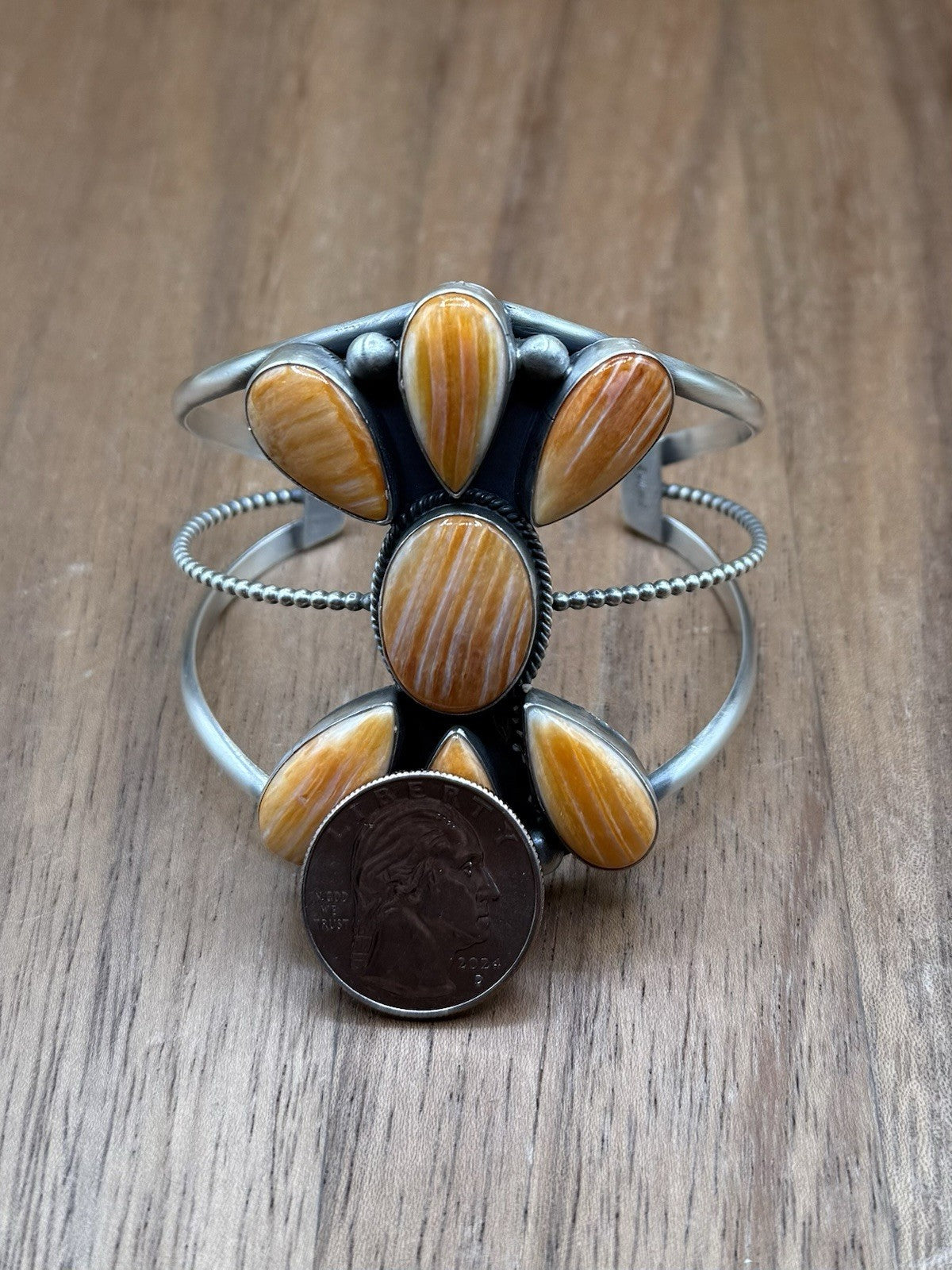 Navajo Handmade Sterling Silver Orange Spiny Oyster Cluster Cuff Bracelet