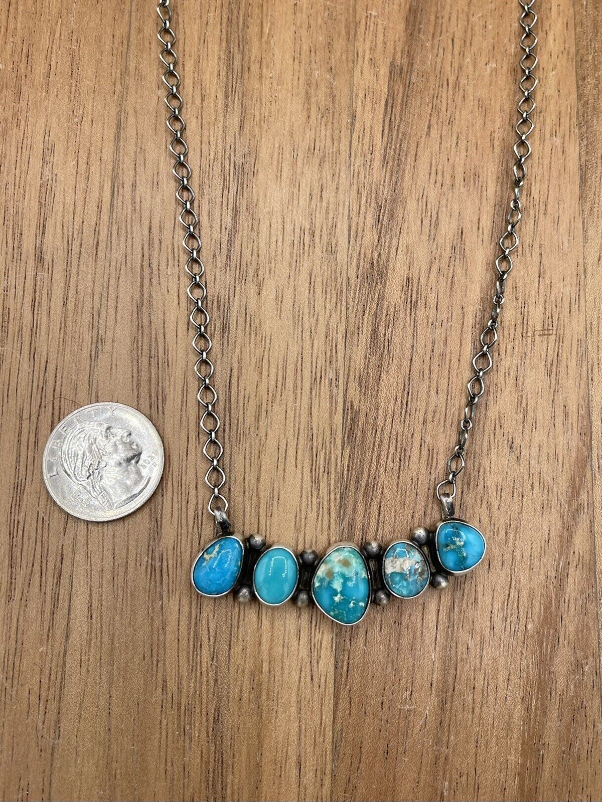 Native American Navajo Handmade Silver Sonoran Bella Turquoise Bar Necklace 18”