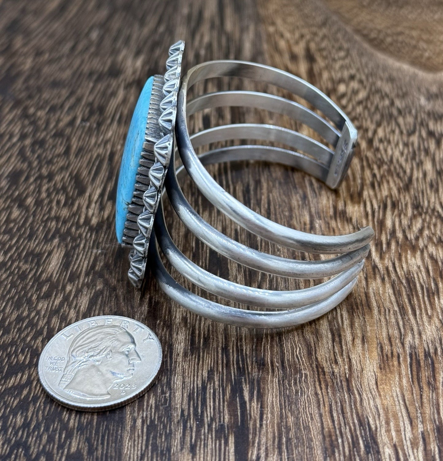 Native Navajo Handmade Sterling Silver Kingman Turquoise Old Look Cuff Bracelet