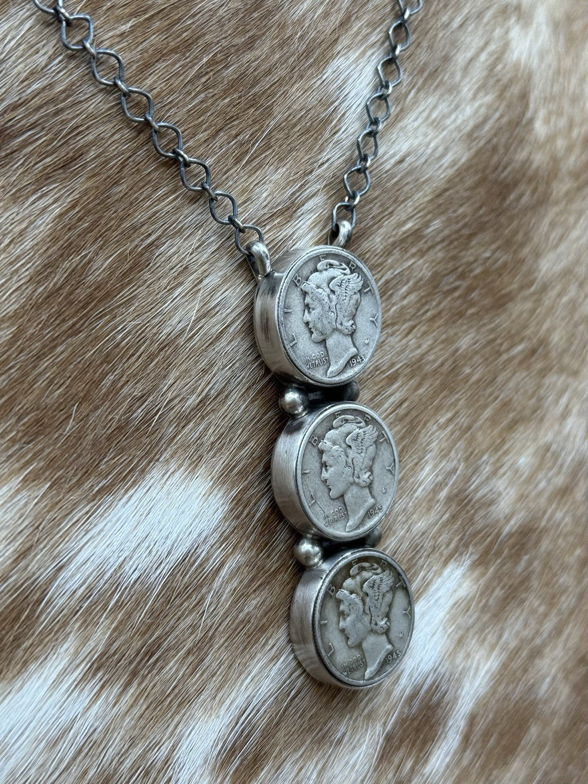 Navajo Handmade Sterling Silver Liberty Dime Cluster Bar Lariat Necklace 18”
