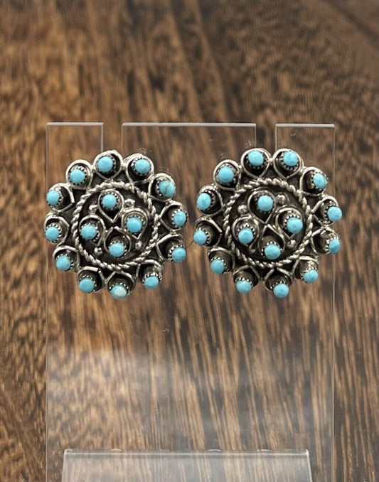 Native American Sterling Silver Zuni Handmade Natural Turquoise Post Earring