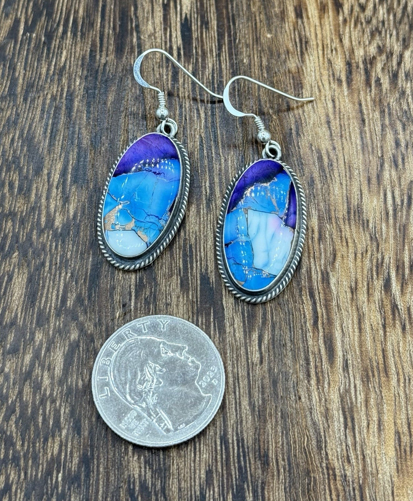 Navajo Handmade Sterling Silver Violet Rose & Blue Dahlia Dangle Drop Earrings