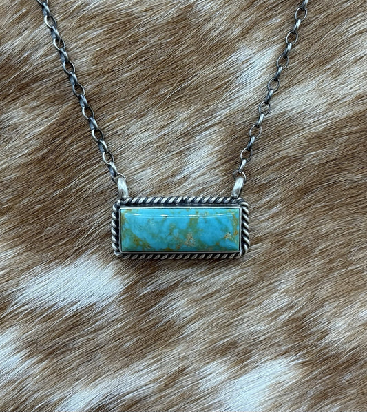 Navajo Handmade Sterling Silver Kingman Turquoise Bar Necklace 16” Augustine L.