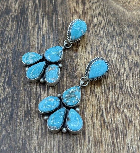 Navajo Handmade Sterling Silver Blue Bird Turquoise Cluster Post Dangle Earrings