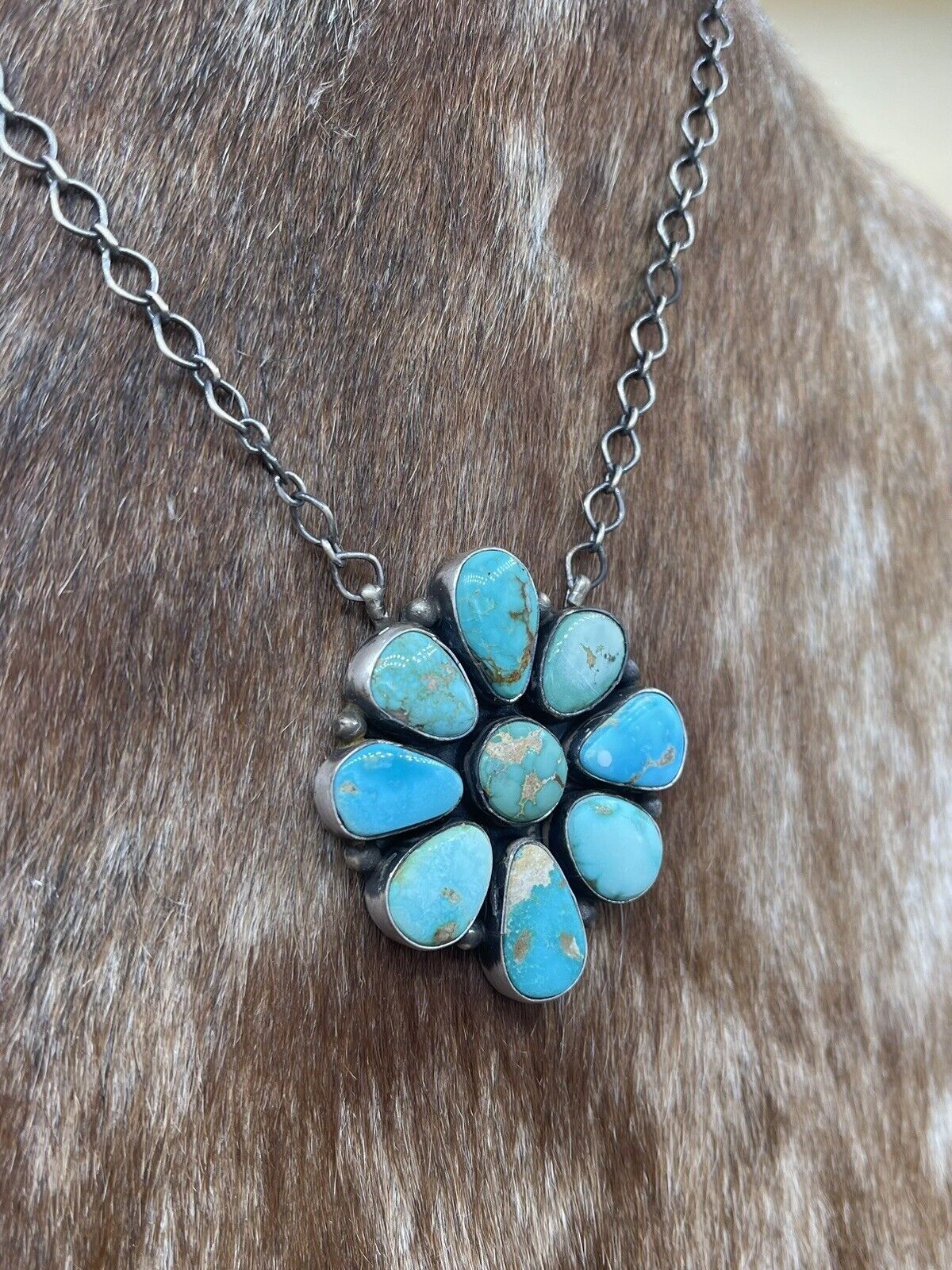 Native American Navajo Handmade Silver Sonoran Turquoise Cluster Bar Necklace