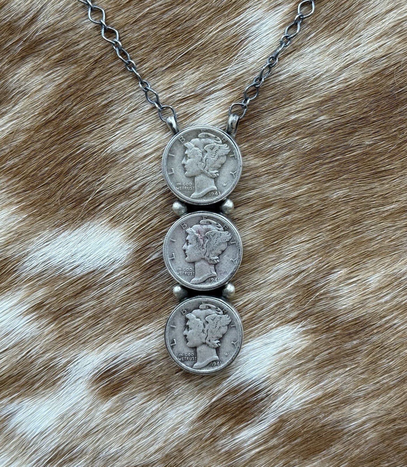 Navajo Handmade Sterling Silver Liberty Dime Cluster Bar Lariat Necklace 18”