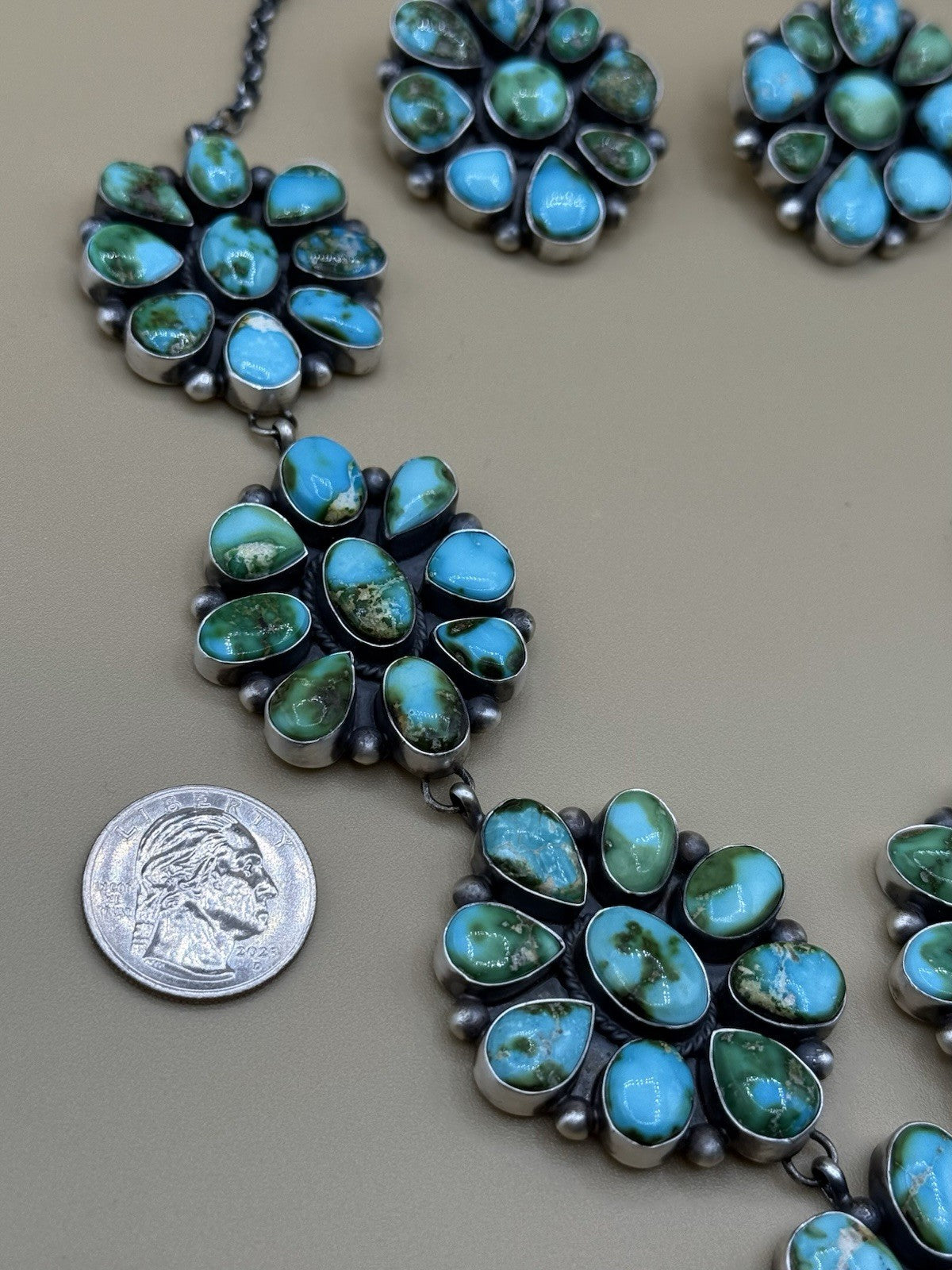 Navajo Handmade Sterling Silver Sonoran Turquoise Cluster Lariat Necklace 24”
