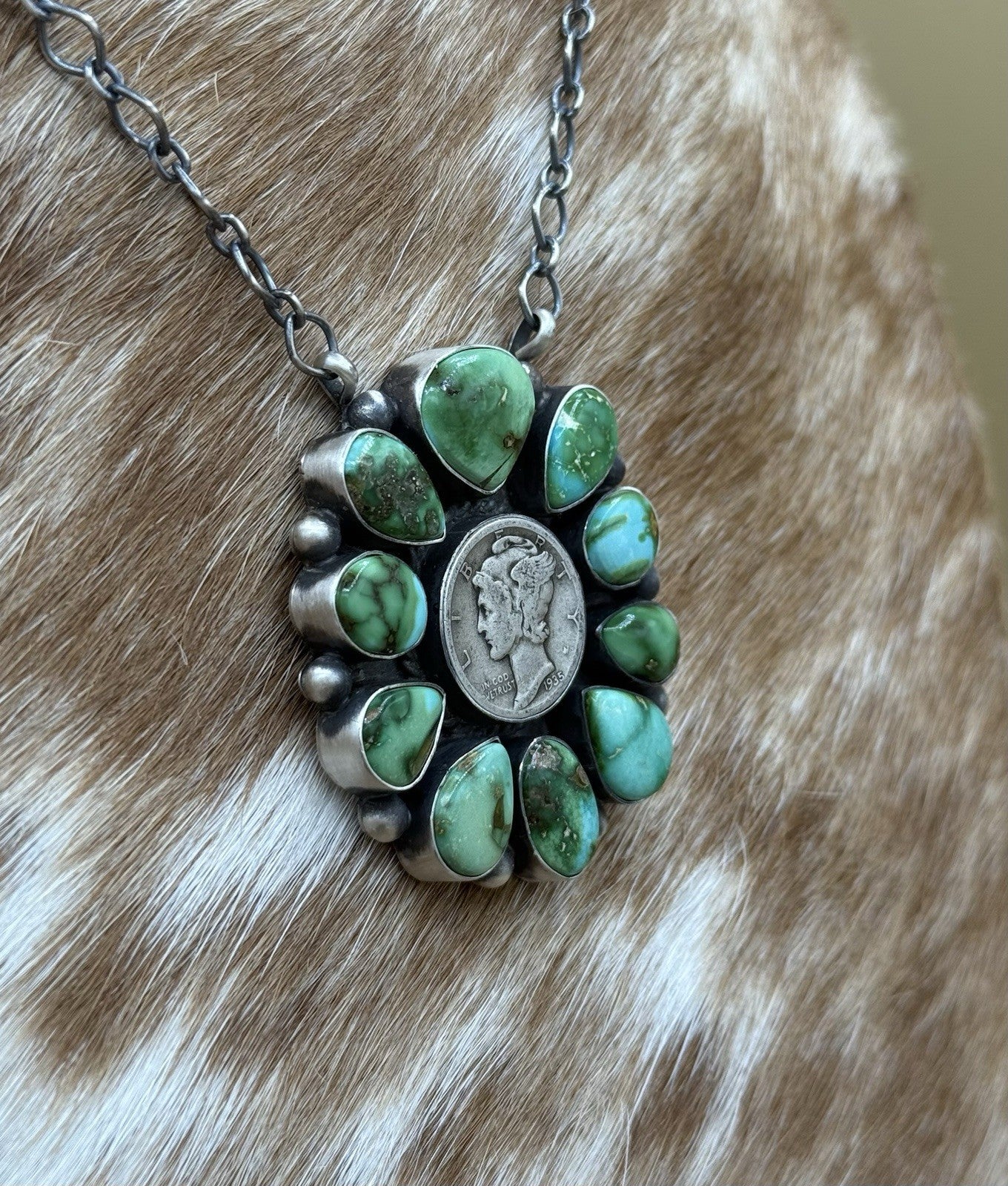 Navajo Handmade Silver Sonoran Gold Turquoise Liberty Coin Cluster Necklace 18”