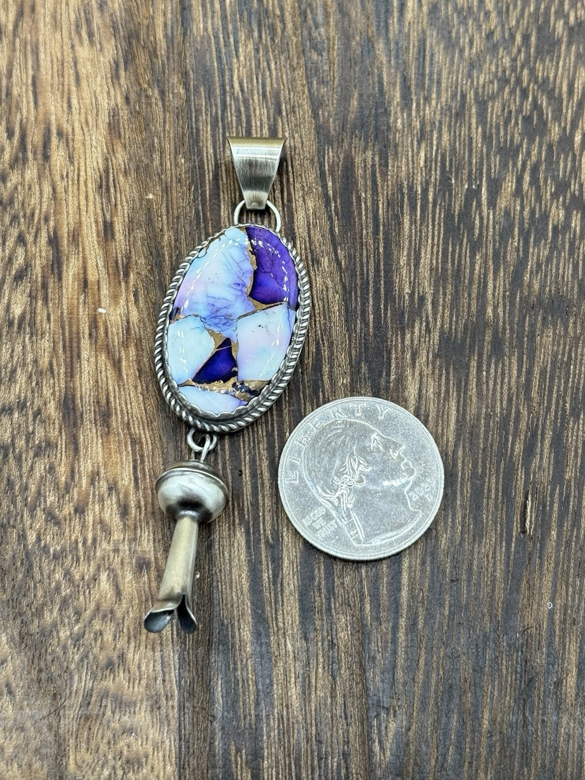 Native Navajo Handmade Sterling Silver Violet Rose Dahlia Dangle Blossom Pendant