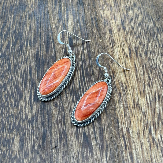 Native Navajo Handmade Sterling Silver Red Spiny Oyster Shell Dangle Earrings
