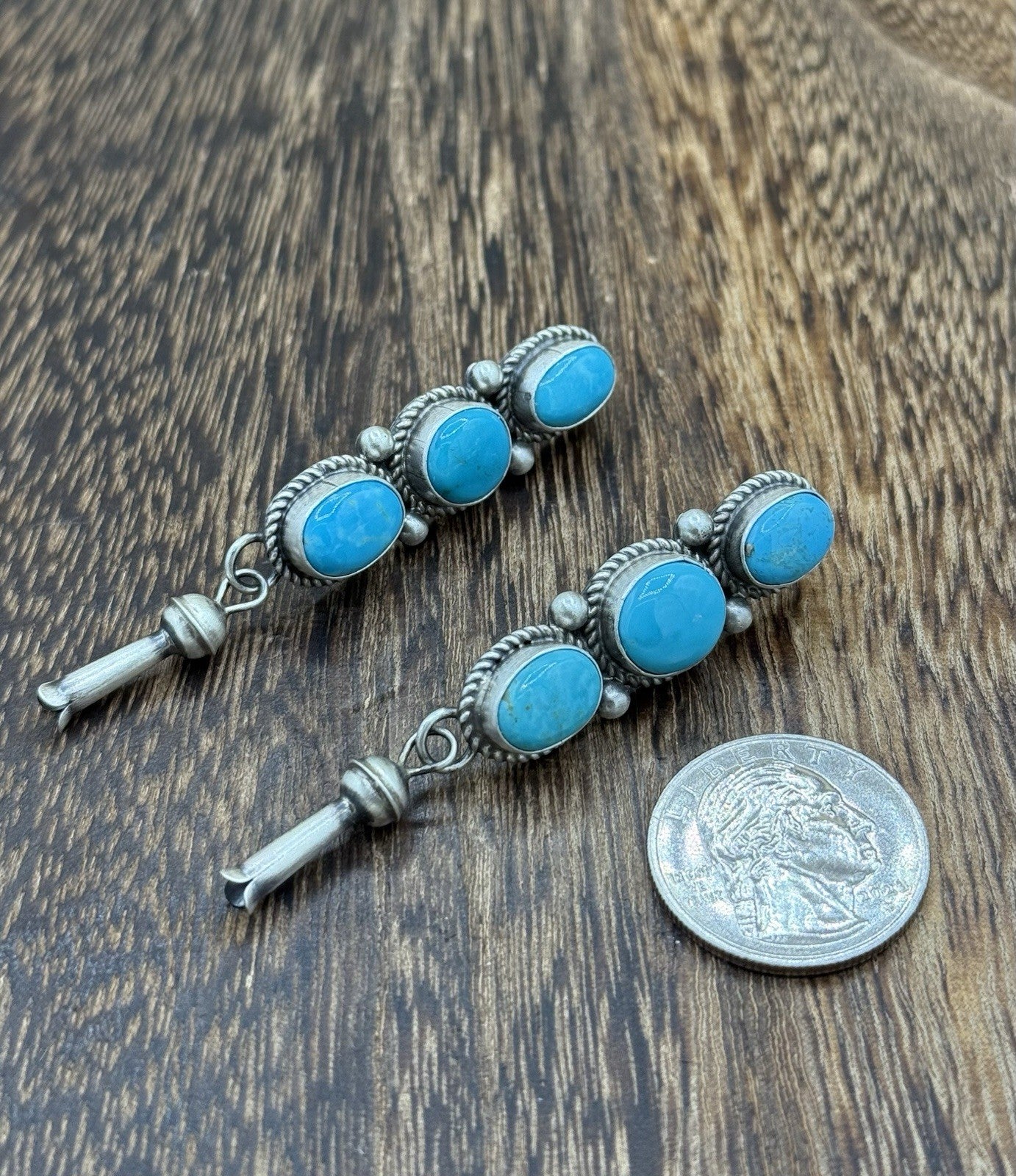 Navajo Handmade Sterling Silver Kingman Turquoise Blossom Post Dangle Earrings