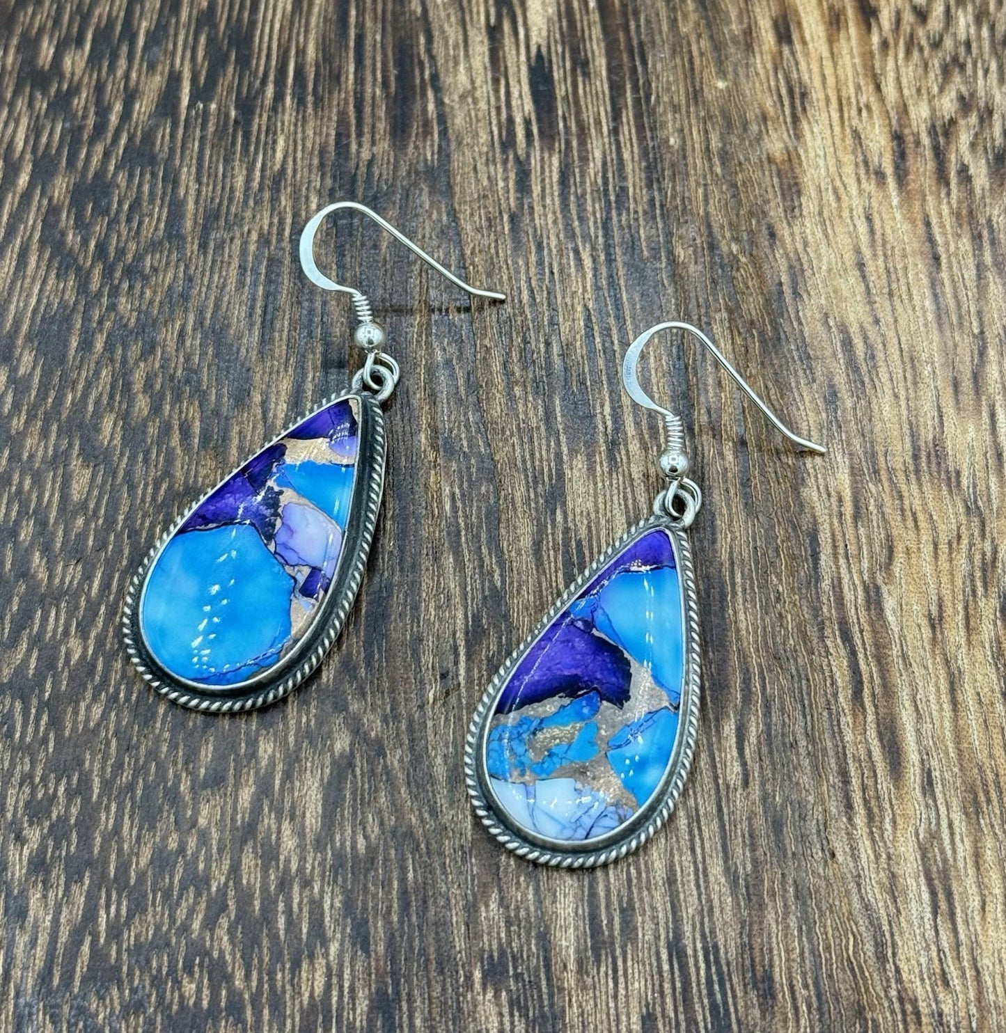 Navajo Handmade Sterling Silver Violet Rose & Blue Dahlia Dangle Drop Earrings