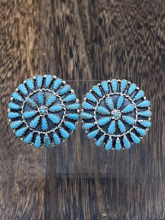 Native American Navajo Handmade Sterling Silver Turquoise Cluster Post earrings