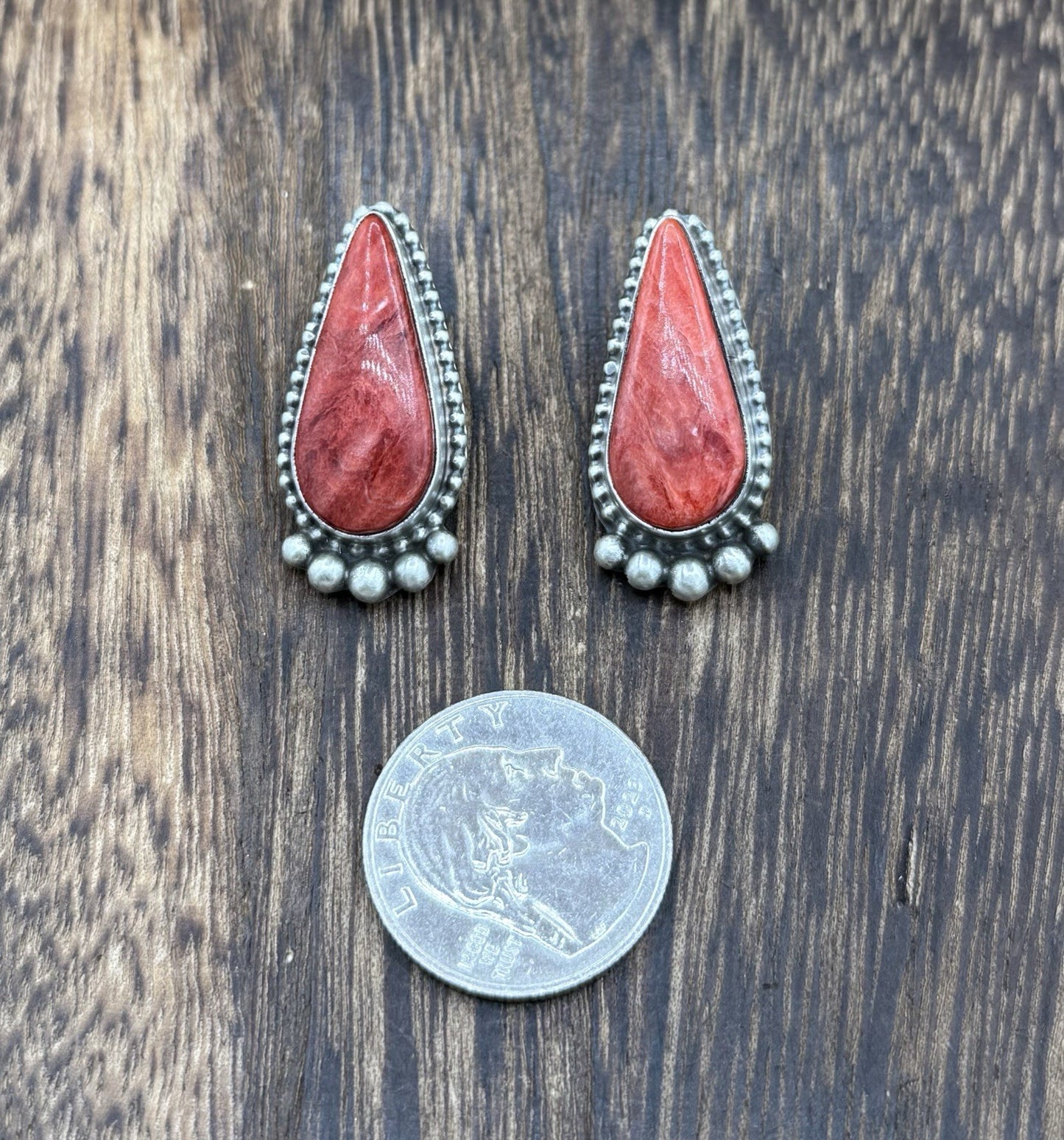 Native Navajo Handmade Sterling Silver Red Spiny Oyster Shell Post Stud Earrings