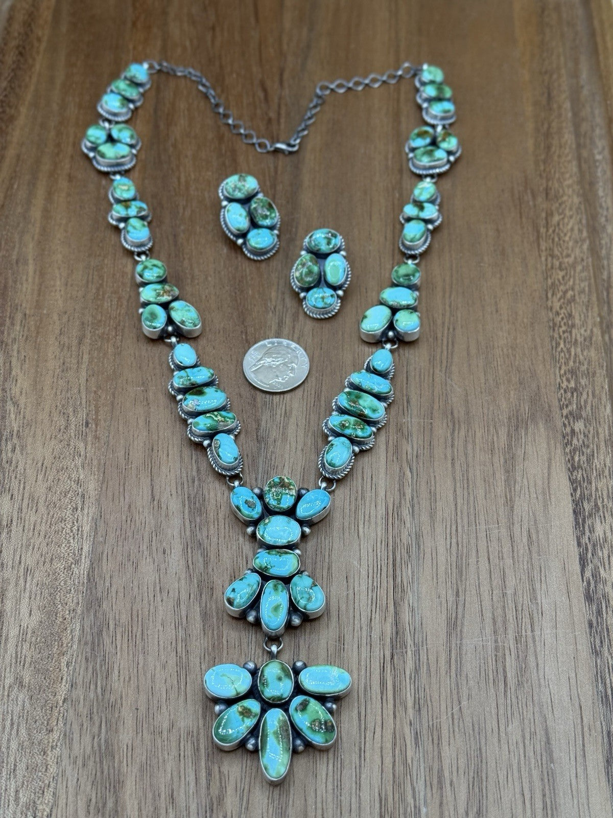 Navajo Handmade Sterling Silver Sonoran Gold Turquoise Cluster Lariat Necklace