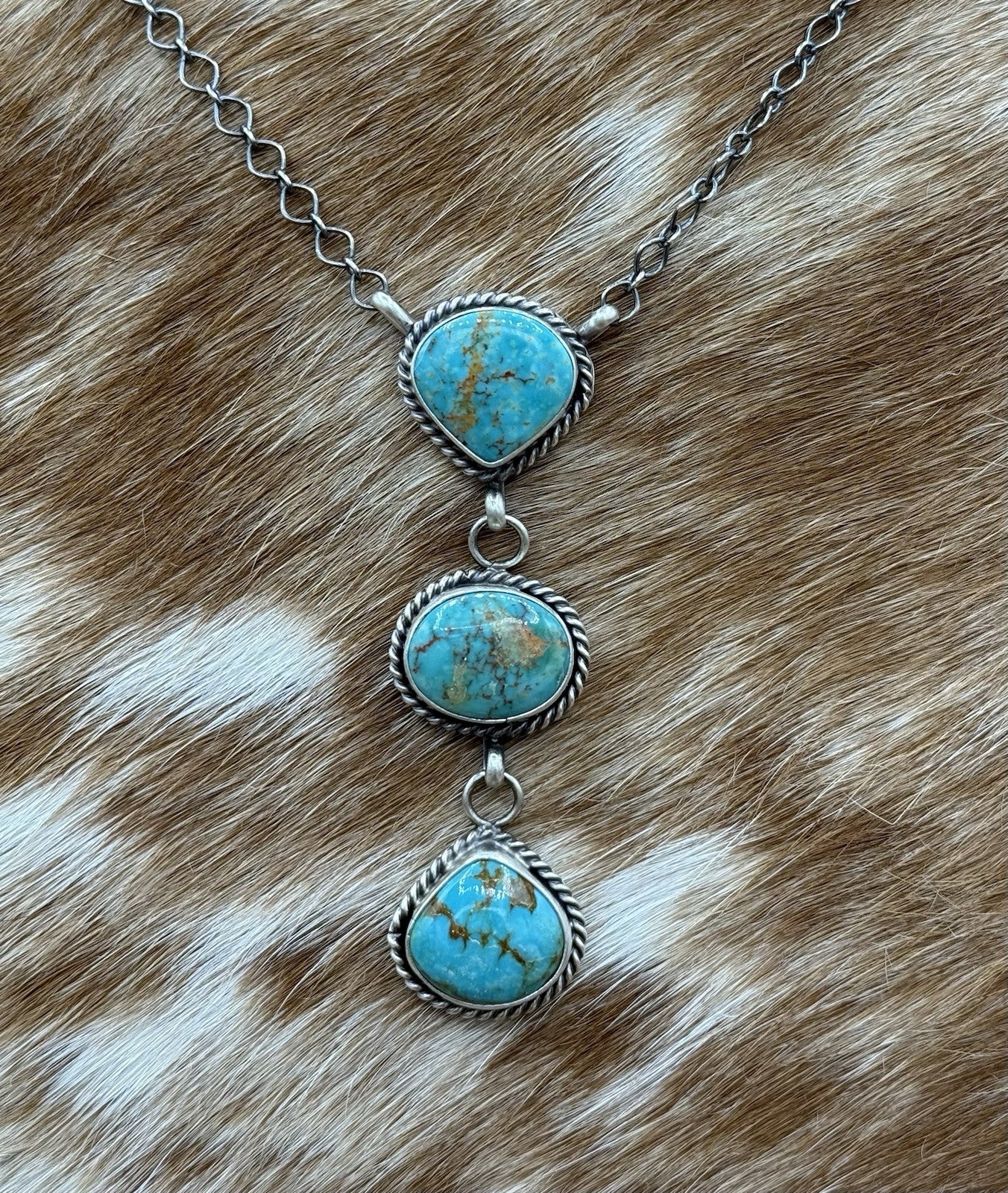 Native Navajo Handmade Sterling Silver Kingman Turquoise Lariat Necklace 18”