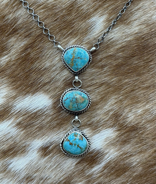 Native Navajo Handmade Sterling Silver Kingman Turquoise Lariat Necklace 18”