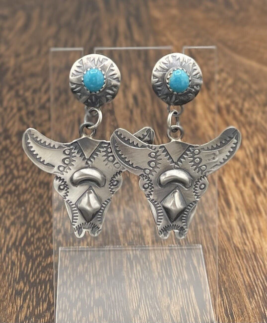 Native American Sterling Silver Navajo Handmade Oldlook Turquoise Earrings