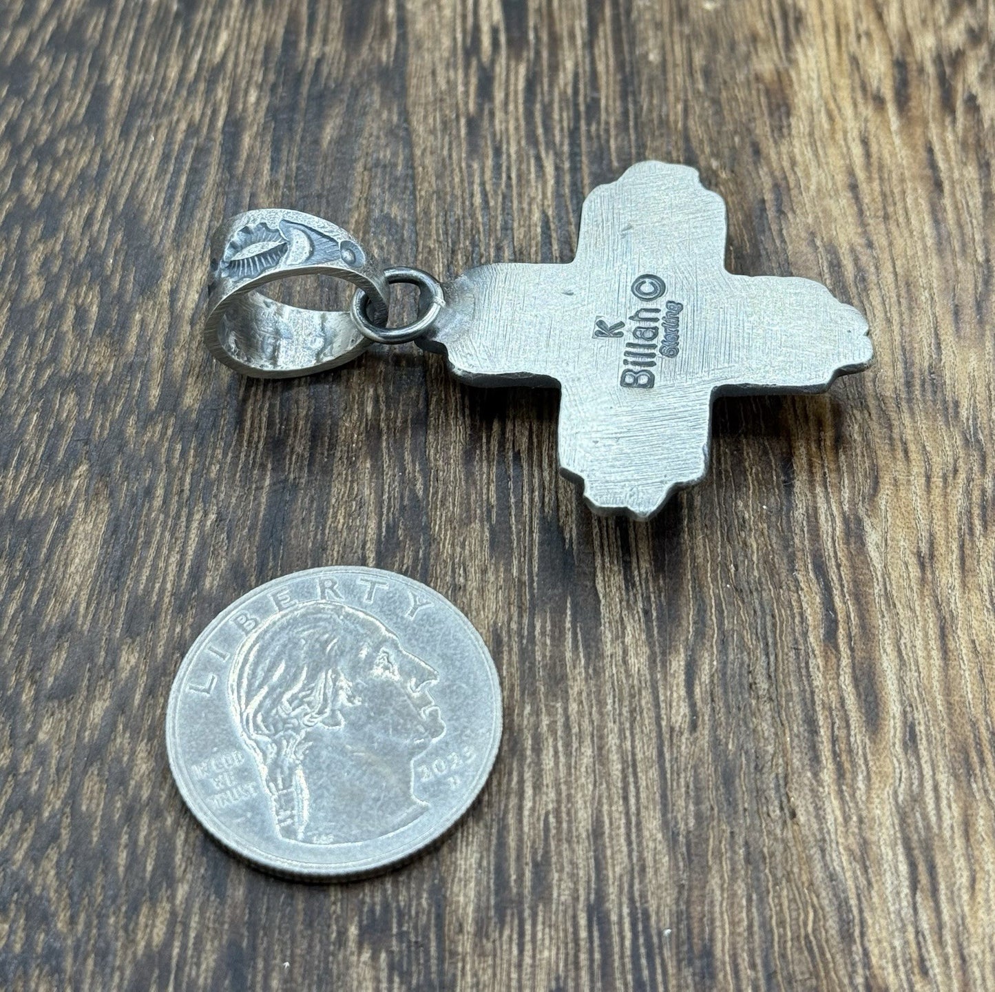 Navajo Handmade Sterling Silver Old Look Kingman Turquoise Zia Pendant Kevin B.