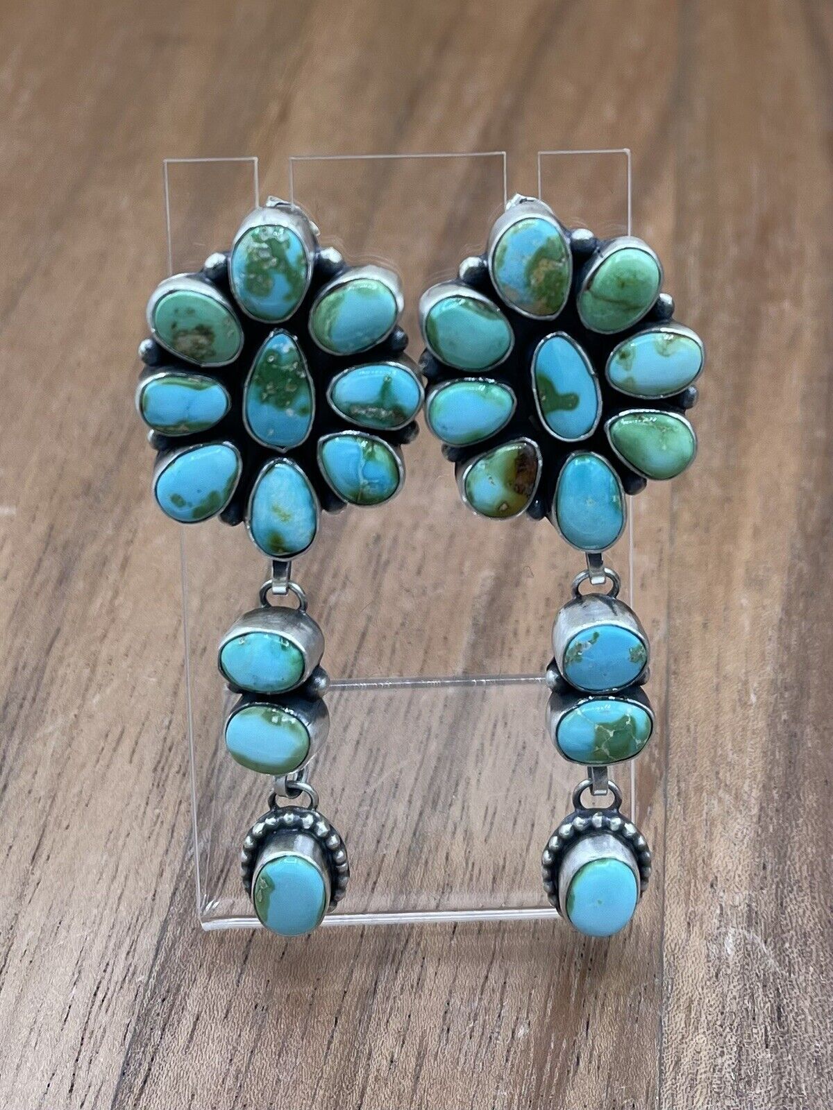 Native American Navajo Handmade Silver Sonoran Gold Turquoise Cluster Earrings