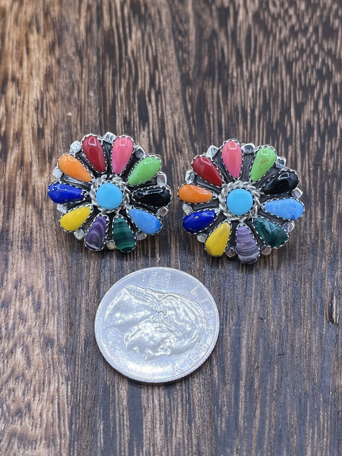 Native American Navajo Handmade Sterling Silver Multicolor Cluster Stud Earrings