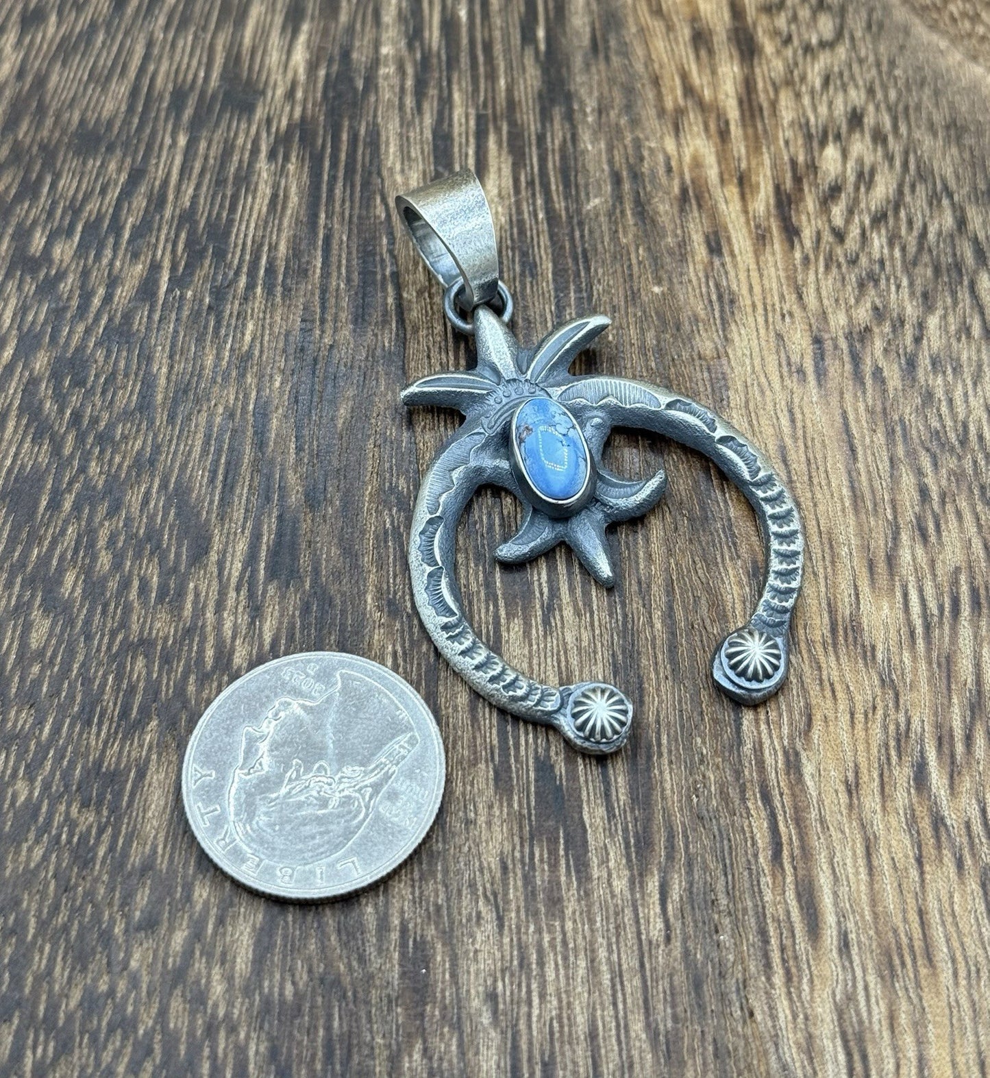 Navajo Handmade Sterling Silver Old Look Golden Hills Turquoise Naja Pendant