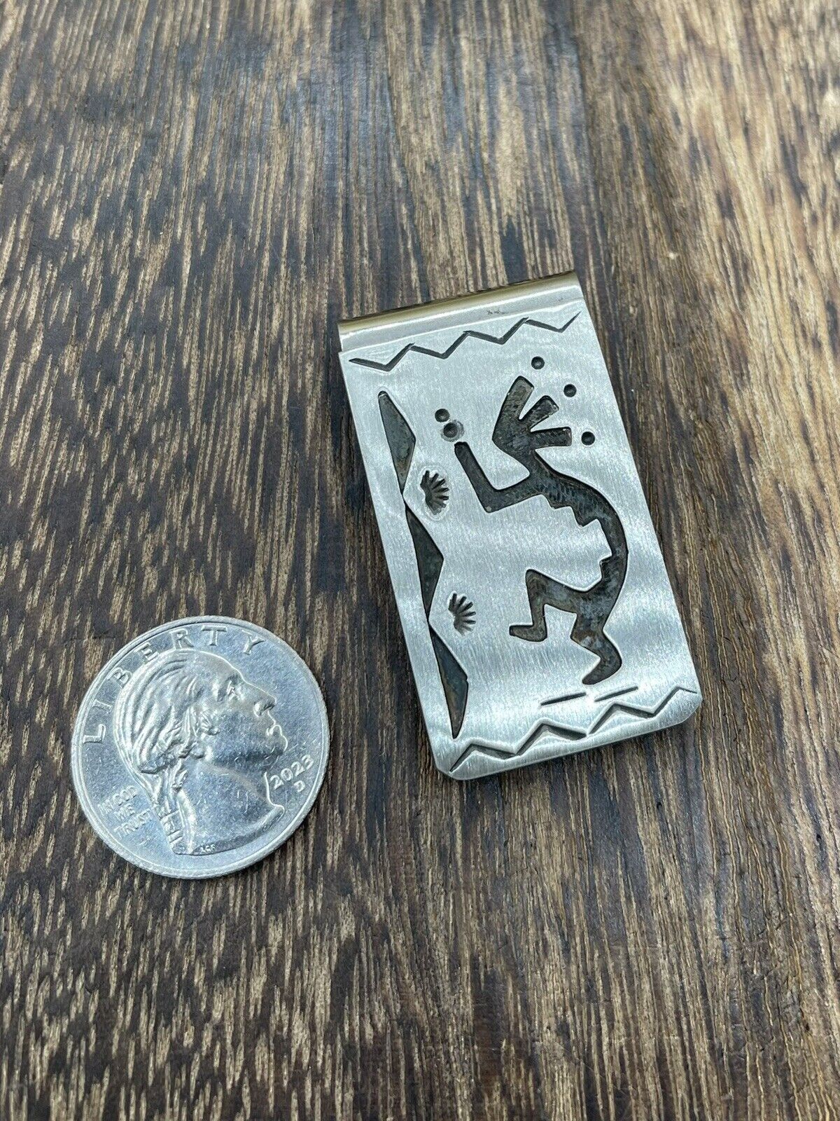 Native American Navajo Handmade Sterling Silver  & Nickel Kokopelli Money Clip